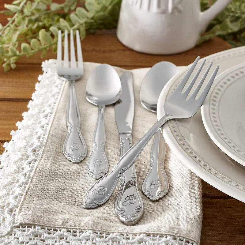 RiverRidge Rose Monogrammed Flatware Set 46 Piece Silverware - P - Utensils Set with Serving Pieces, Heavy Gauge Stainless Steel, Mirror Finish, Dishwasher Safe Cutlery for Daily Use - Image 2